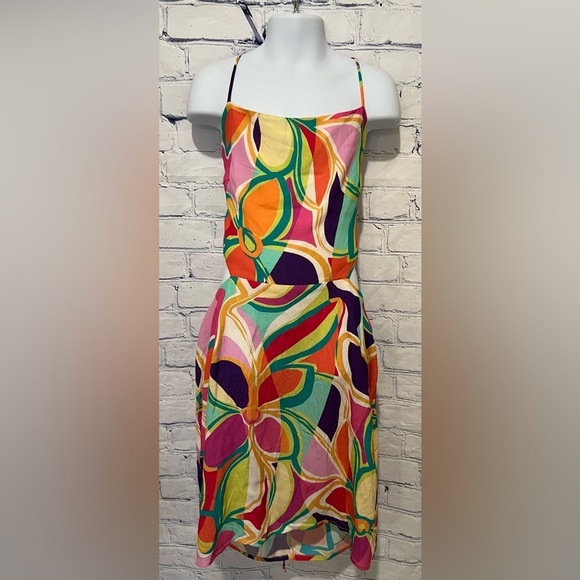 SKY TO MOON Colorful RETRO FLORAL Crepe DRAPE NECK Sundress Dress Girls large - Picture 1 of 7